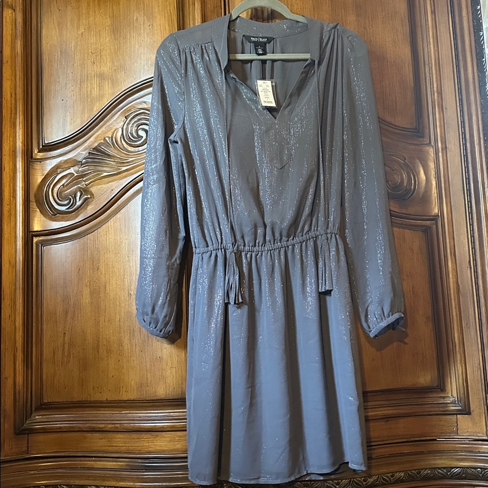 NEW White House Black Market Silver Grey Shimmery Long Sleeve Hoilday Mini Dress